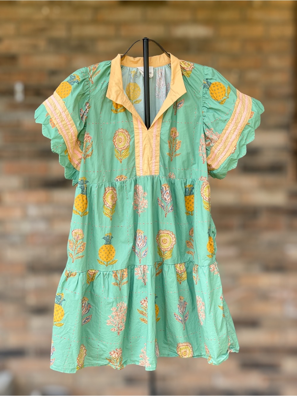 Umgee Mint Green Floral Pineapple Print Ruffle Sleeve Mini Dress L
